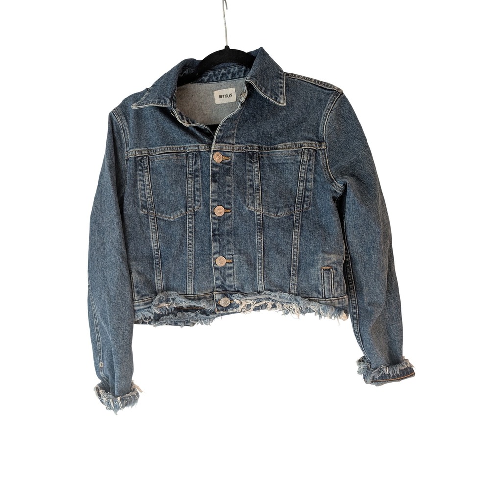 Hudson Jeans Womens Cropped Denim Jacket Medium Wash Frayed Hem Blue XS